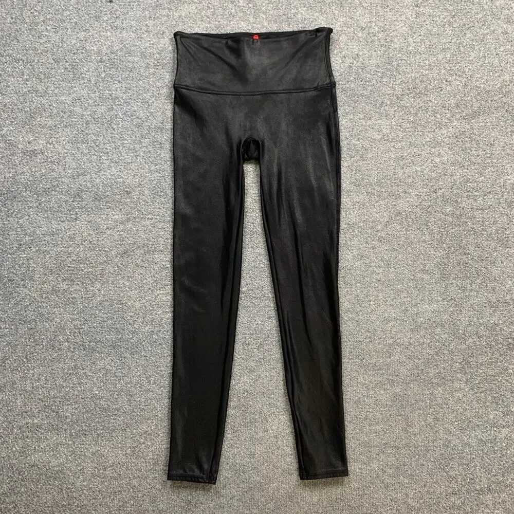 Spanx Leggings Womens L Large Black Coated Faux Leather High Waist Ankle Pull On